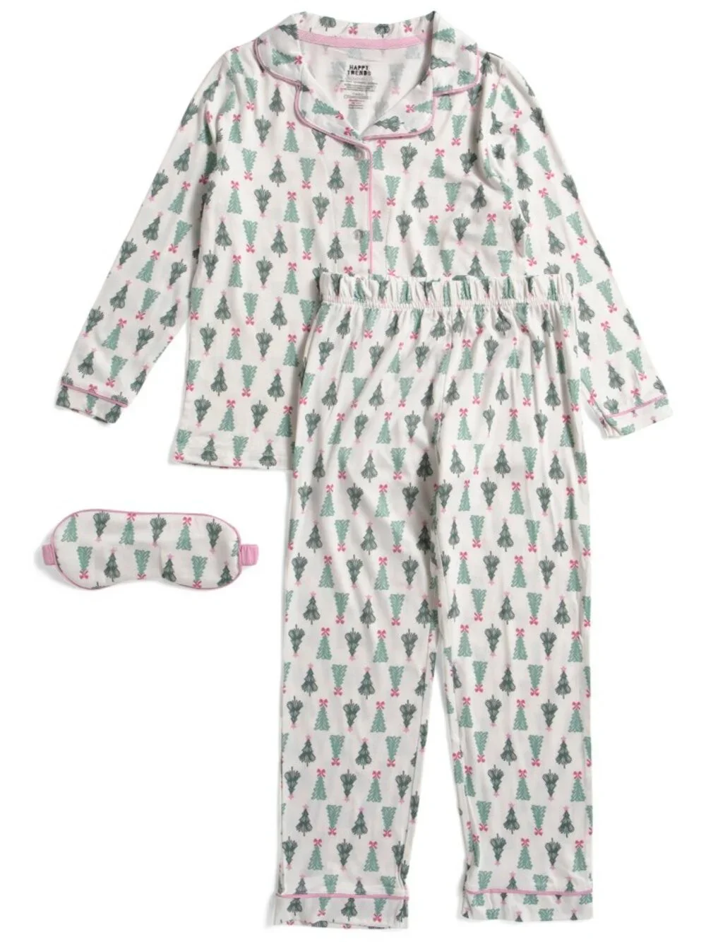 Happy Threads Girls 2pc Christmas Tree Pajama Set Ivory Notch Collar Sleep Mask
